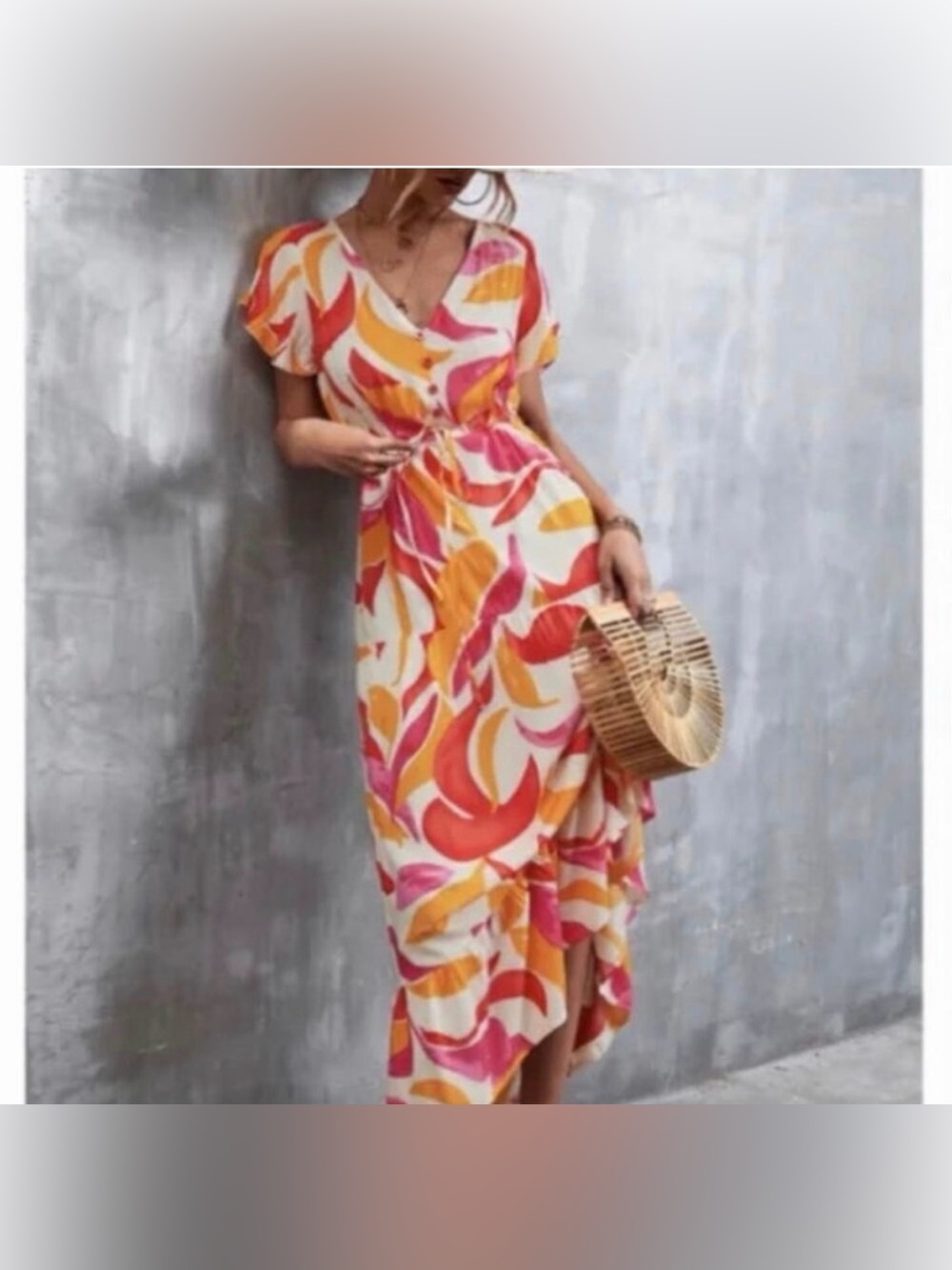 Anthropologie V-Neck High-Low Dress in Pink & Orange Leaf Print